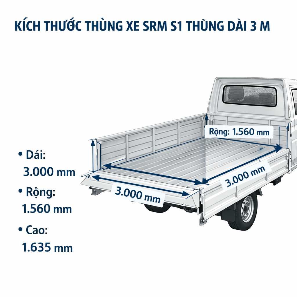 Kích thước thùng xe tải SRM S1 thùng dài 3m